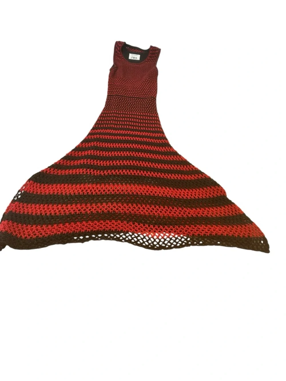 ZARA Red Black Crochet Knit Maxi Dress womens Sz medium Lined Festival vacation - Picture 8 of 10